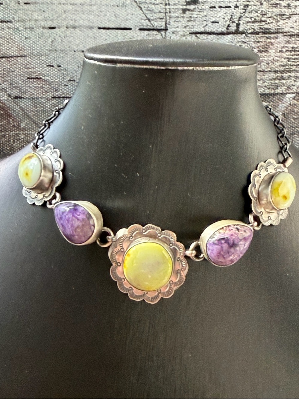 Scott Skeets Navajo Sterling Silver Palomino and Charoite Stone Floral Necklace